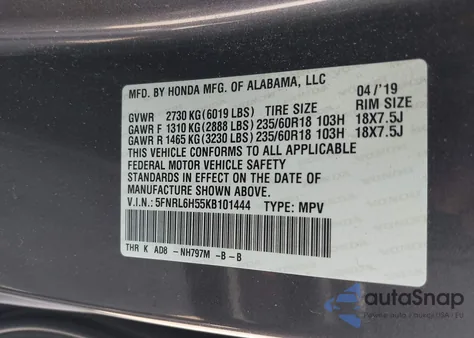 2019 Honda Odyssey Ex from USA, damaged, VIN 5FNRL6H55KB101444